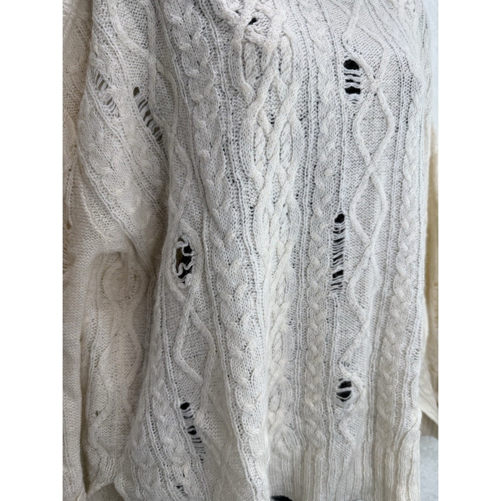 Free People‎ Anita Distressed Cable Knit Sweater in Ivory Size Small - Picture 3 of 7